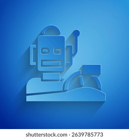 Paper cut Robot humanoid driving a car icon isolated on blue background. Artificial intelligence, machine learning, cloud computing. Paper art style. Vector
