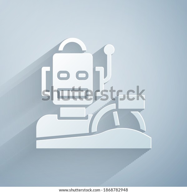 Paper cut Robot humanoid driving a car\
icon isolated on grey background. Artificial intelligence, machine\
learning, cloud computing. Paper art style.\
Vector