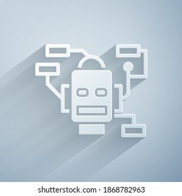 Papier geschnitten Roboter Symbol einzeln auf grauem Hintergrund. Künstliche Intelligenz, maschinelles Lernen, Cloud-Computing. Kunststil aus Papier. Vektorgrafik