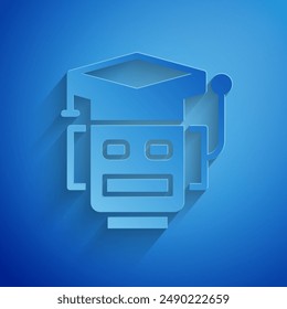 Paper cut Robot icon isolated on blue background. Artificial intelligence, machine learning, cloud computing. Paper art style. Vector