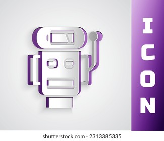 Paper cut Robot low battery charge icon isolated on grey background. Artificial intelligence, machine learning, cloud computing. Paper art style. Vector