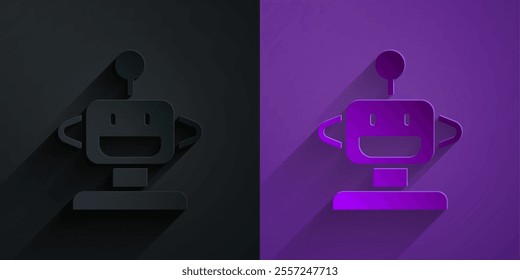 Paper cut Robot toy icon isolated on black on purple background. Paper art style. Vector
