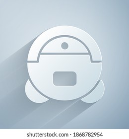 Recorte de papel Icono de aspiradora Robot aislado en fondo gris. Equipo inteligente para el hogar para aspiración automática, dispositivo digital para la limpieza de la casa. Estilo de arte de papel. Vector