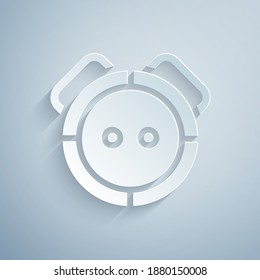 Paper cut Robot vacuum cleaner icon isolated on grey background. Home smart appliance for automatic vacuuming, digital device for house cleaning. Paper art style. Vector.