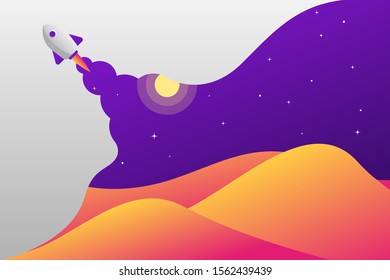 Paper cut Rocket mountain at night illustration