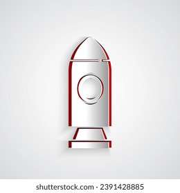 Paper cut Rocket ship icon isolated on grey background. Space travel. Paper art style. Vector