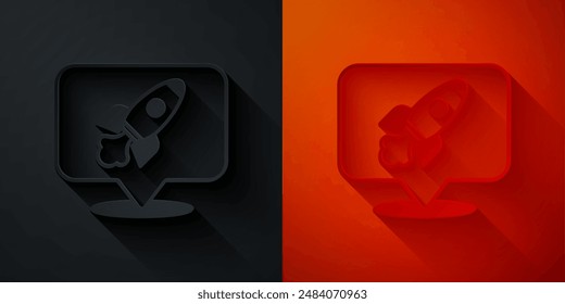Icono de la nave del cohete aislado en el fondo negro y rojo. Viajes espaciales. Estilo de arte de papel. Vector