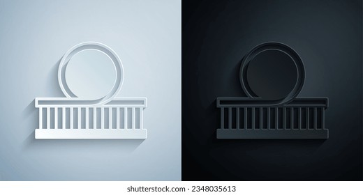 Paper cut Roller coaster icon isolated on grey and black background. Amusement park. Childrens entertainment playground, recreation park. Paper art style. Vector