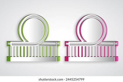 Paper cut Roller coaster icon isolated on grey background. Amusement park. Childrens entertainment playground, recreation park. Paper art style. Vector