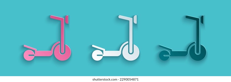 Paper cut Roller scooter for children icon isolated on blue background. Kick scooter or balance bike. Paper art style. Vector