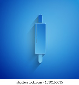 Paper cut Rolling pin icon isolated on blue background. Paper art style. Vector Illustration