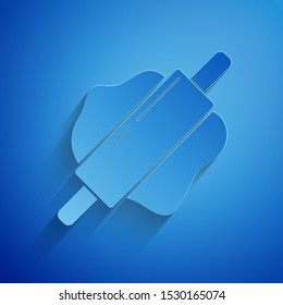 Paper cut Rolling pin icon isolated on blue background. Paper art style. Vector Illustration