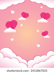 Paper cut romantic concept pink hearing background. Beautiful cute heart. Valentine's Day greeting card concept.