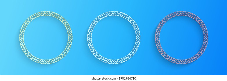 Recorte de papel Icono de marco de borde aislado en fondo azul. Marcos de cuerda náutica. Una cuerda marina redonda para la decoración. Estilo de arte de papel. Vector.
