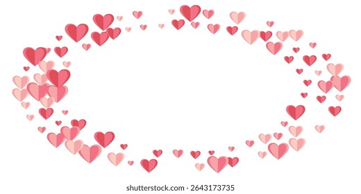 Paper cut rosy heart shapes flying background design. Valentines Day sale decor. Poster background. Colorful heart amour symbols scatter.