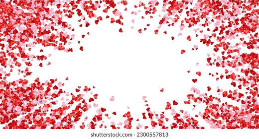 Paper cut rosy heart symbols romantic background design. Valentine carnival decor. Poster background. Random heart love symbols scatter.