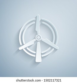 Paper cut Rotating wind turbine icon isolated on grey background. Wind generator sign. Windmill for electric power production. Paper art style. Vector Illustration