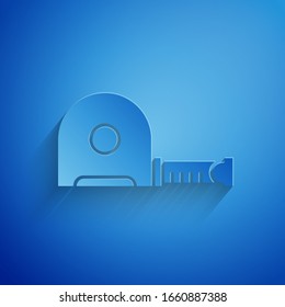 Paper cut Roulette construction icon isolated on blue background. Tape measure symbol. Paper art style. Vector Illustration