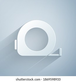 Paper cut Roulette construction icon isolated on grey background. Tape measure symbol. Paper art style. Vector