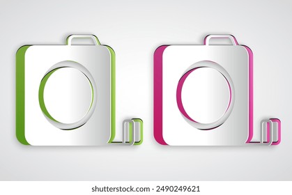 Paper cut Roulette construction icon isolated on grey background. Tape measure symbol. Paper art style. Vector