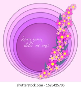 Paper cut round background with flowers. Copy space for your text. Origami concept design for advertising, greeting card, banner, sale. Vector illustration. 