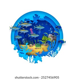 Paper cut round banner with underwater landscape and tropical fish shoal swimming among corals and plants, captures the beauty of marine life 3d vector cut-out layered frame with ocean biodiversity