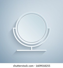 Paper cut Round makeup mirror icon isolated on grey background. Paper art style. Vector Illustration