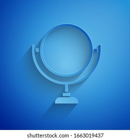 Paper cut Round makeup mirror icon isolated on blue background. 8 March. International Happy Women Day. Paper art style. Vector Illustration
