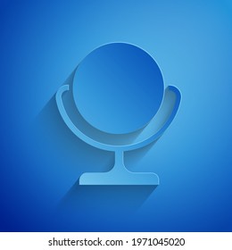 Paper cut Round makeup mirror icon isolated on blue background. Paper art style. Vector Illustration