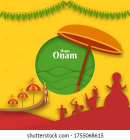 Paper Cut Round Shape Background with Maveli Olakkuda (Umbrella), Silhouette Kathakali Dancer and Aranmula Boat Race for Happy Onam Celebration.