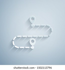 Paper cut Route location icon isolated on grey background. Map pointer sign. Concept of path or road. GPS navigator. Paper art style. Vector Illustration