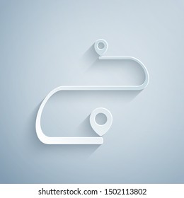 Paper cut Route location icon isolated on grey background. Map pointer sign. Concept of path or road. GPS navigator. Paper art style. Vector Illustration