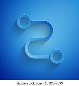Paper cut Route location icon isolated on blue background. Map pointer sign. Concept of path or road. GPS navigator. Paper art style. Vector Illustration
