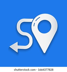 Paper cut Route location icon isolated on blue background. Map pointer sign. Concept of path or road. GPS navigator. Paper art style. Vector Illustration