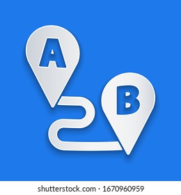 Paper cut Route location icon isolated on blue background. Map pointer sign. Concept of path or road. GPS navigator. Paper art style. Vector Illustration