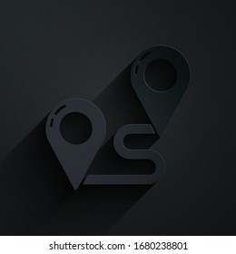 Paper cut Route location icon isolated on black background. Map pointer sign. Concept of path or road. GPS navigator. Paper art style. Vector Illustration