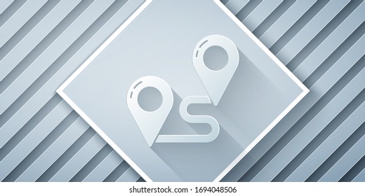Paper cut Route location icon isolated on grey background. Map pointer sign. Concept of path or road. GPS navigator. Paper art style. Vector Illustration