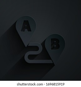 Icono de ubicación de ruta de corte de papel aislado en fondo negro.Asignar signo de puntero. Concepto de camino o camino. Navegador GPS. Estilo de arte de papel. Ilustración vectorial