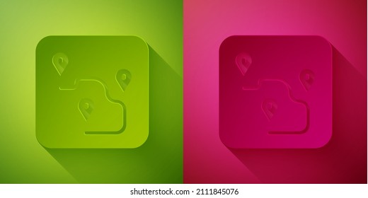 Icono de ubicación de ruta de corte de papel aislado en fondo verde y rosa. Indicador de mapa. Concepto de camino o camino. Navegador GPS. Estilo de arte de papel. Vector
