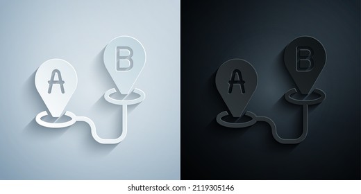 Paper cut Route location icon isolated on grey and black background. Map pointer sign. Concept of path or road. GPS navigator. Paper art style. Vector