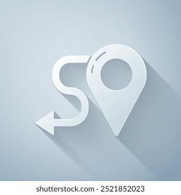 Paper cut Route location icon isolated on grey background. Map pointer sign. Concept of path or road. GPS navigator. Paper art style. Vector Illustration