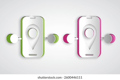 Paper cut Route location icon isolated on grey background. Train line path of train road route with start point GPS and dash line. Paper art style. Vector