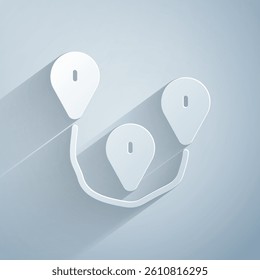Paper cut Route location icon isolated on grey background. Map pointer sign. Concept of path or road. GPS navigator. Paper art style. Vector