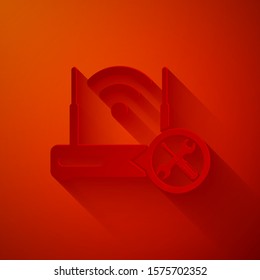 Paper cut Router wi-fi with screwdriver and wrench icon isolated on red background. Adjusting, service, setting, maintenance, repair, fixing. Paper art style. Vector Illustration