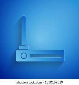 Paper cut Router and wi-fi signal symbol icon isolated on blue background. Wireless ethernet modem router. Computer technology internet. Paper art style. Vector Illustration