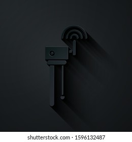 Paper cut Router and wi-fi signal symbol icon isolated on black background. Wireless ethernet modem router. Computer technology internet. Paper art style. Vector Illustration
