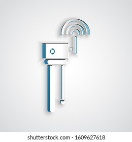 Paper cut Router and wi-fi signal symbol icon isolated on grey background. Wireless ethernet modem router. Computer technology internet. Paper art style. Vector Illustration