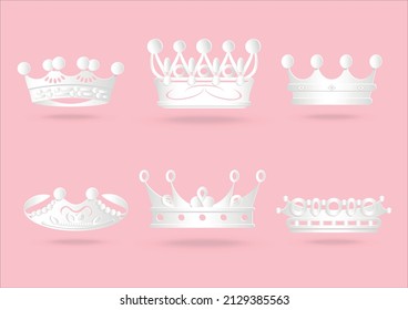Paper cut royal crown queen icons set isolated vector illustratio, crown royal queen white Paper cut on background pink pastel