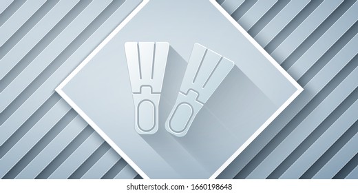 Paper cut Rubber flippers for swimming icon isolated on grey background. Diving equipment. Extreme sport. Sport equipment. Paper art style. Vector Illustration