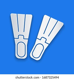 Paper cut Rubber flippers for swimming icon isolated on blue background. Diving equipment. Extreme sport. Sport equipment. Paper art style. Vector Illustration